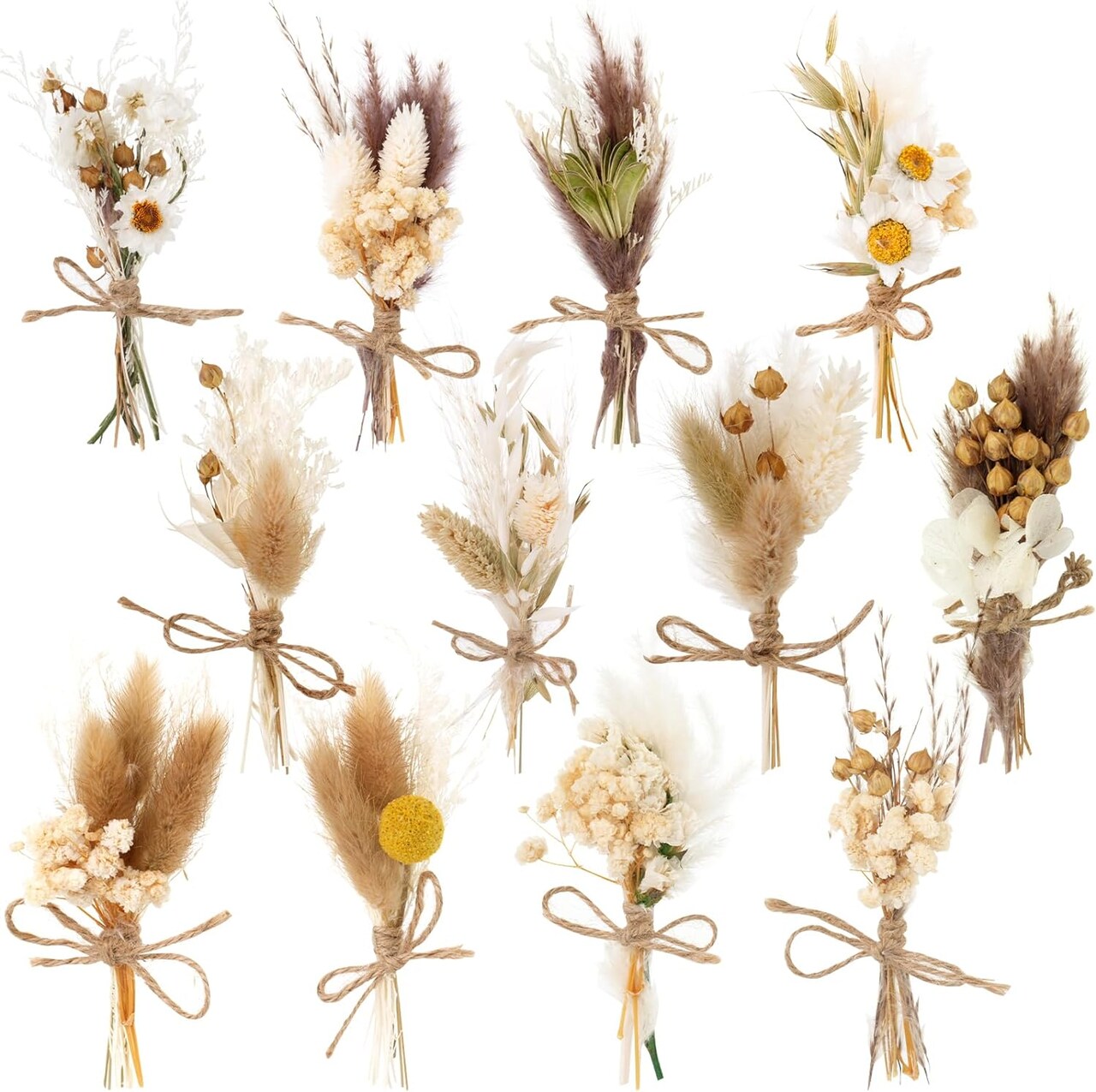 12-Pack Mini Dried Pampas Grass Bouquets – Natural Boho Floral Stems for Crafts, Wedding Centerpieces, Home Décor, Party Decorations, and Vase Arrangements